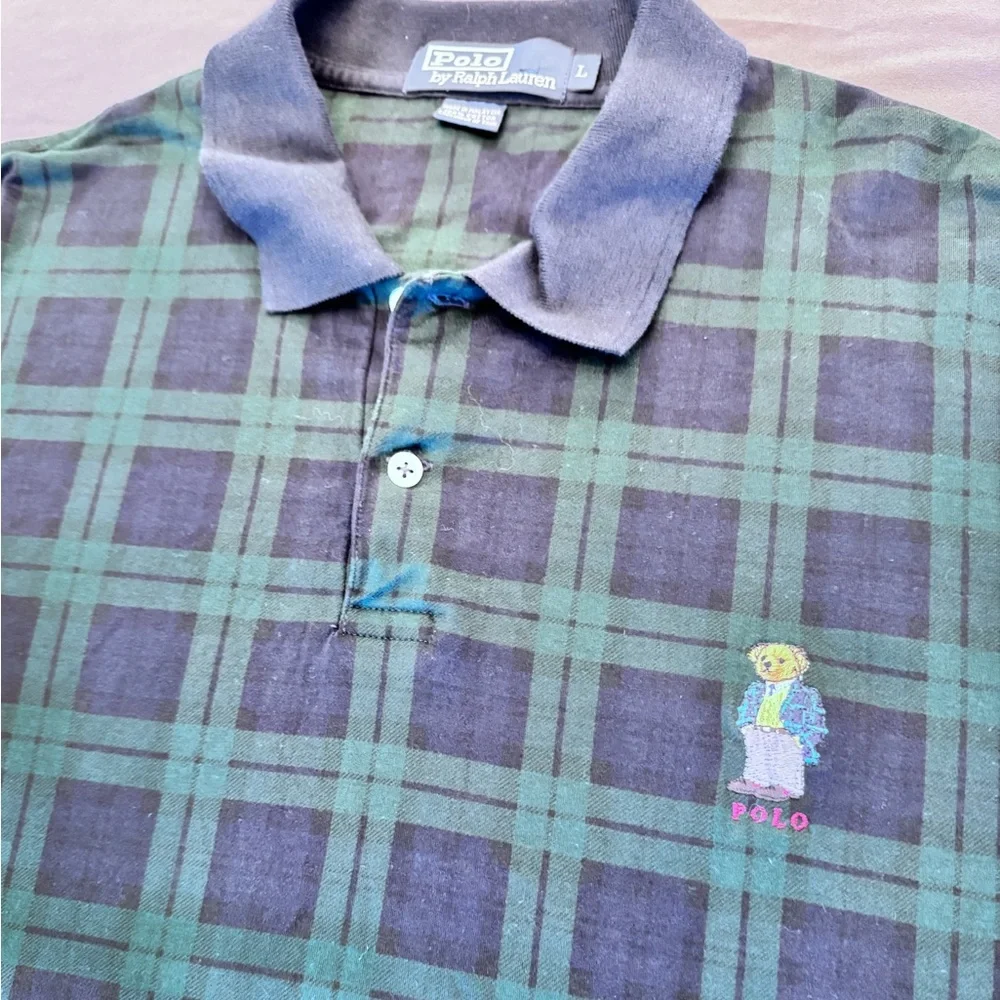 Vtg Polo Ralph Lauren Embroidered Bear Mens Large Green Blue Plaid Polo Shirt